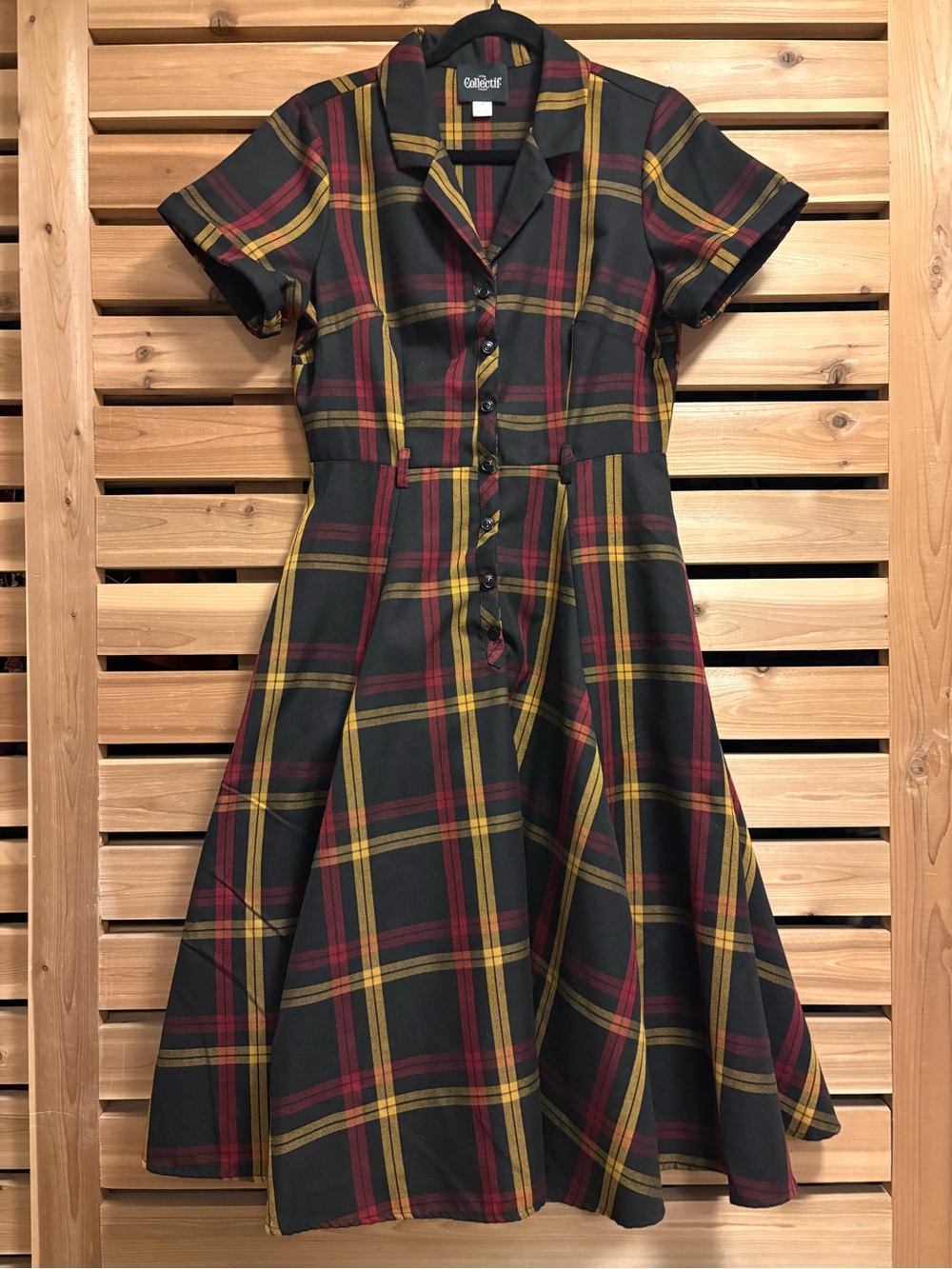 Collectif Caterina Giles Retro 50s Swing Dress with Black Yellow Red Check plaid